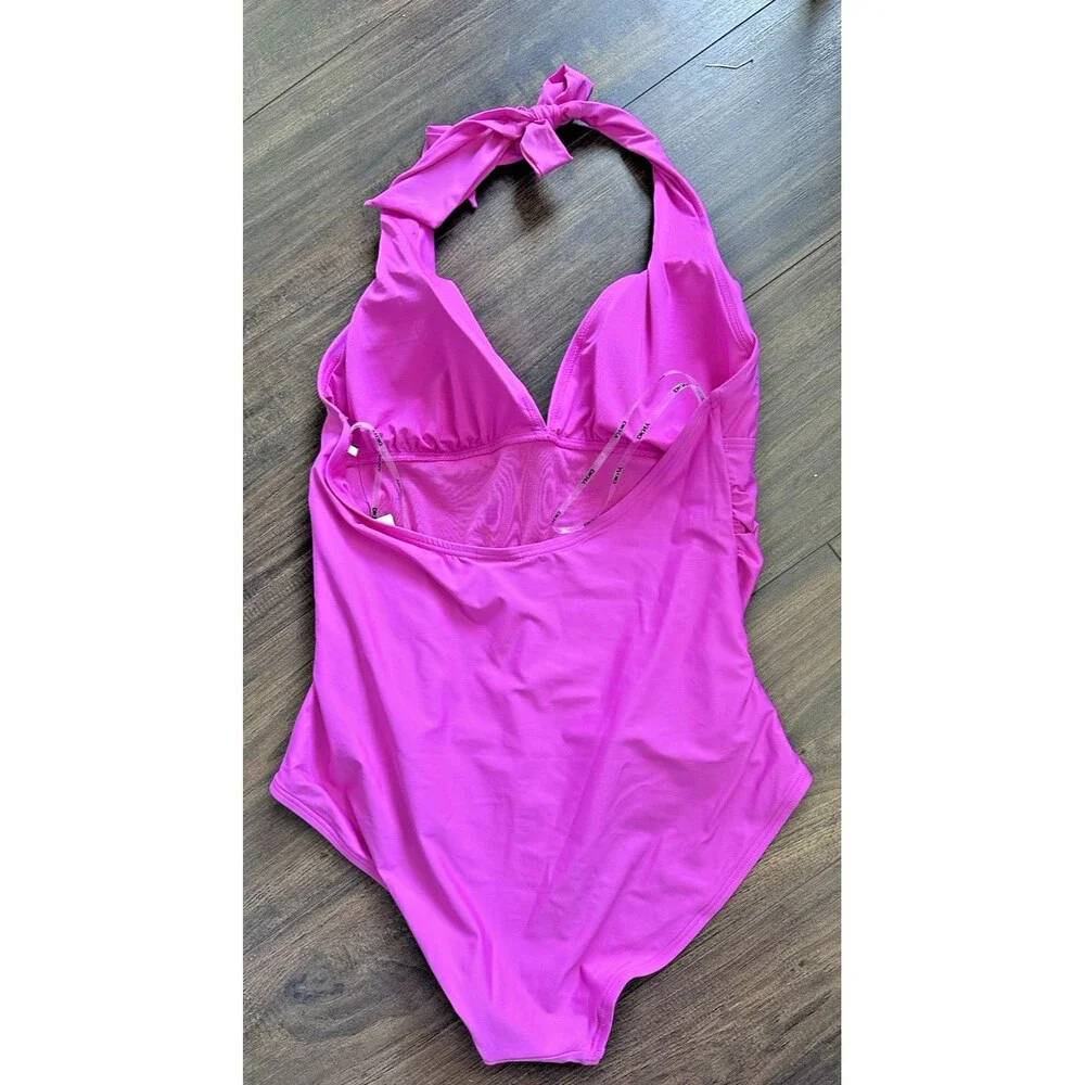 DKNY Women's Tie-Back Halter-Style Plunge neckline one piece swimsuit Pink L - Picture 8 of 9